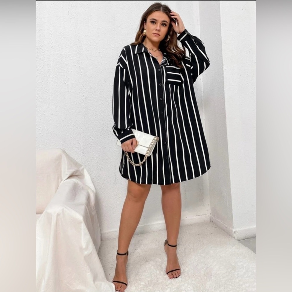 SHEIN Curve Black and White Striped Long Sleeve Button Down T-Shirt Dress